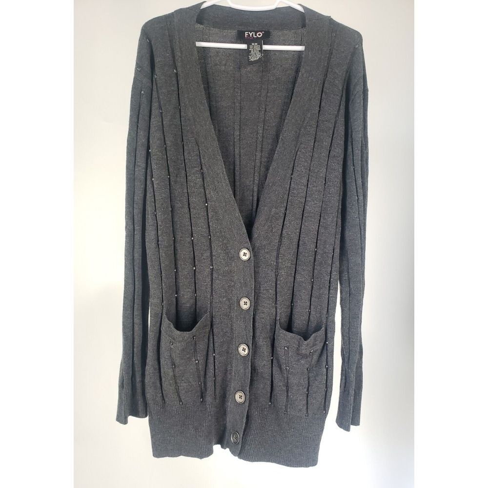 FYLO Long Embellished Accented Sequins Cardigan Size Medium Knit Pockets